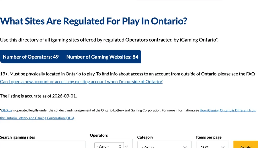 iGaming Ontario page counting 49 operators, 84 sites